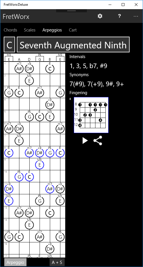 Fret Worx screen shot, arpeggios tab.