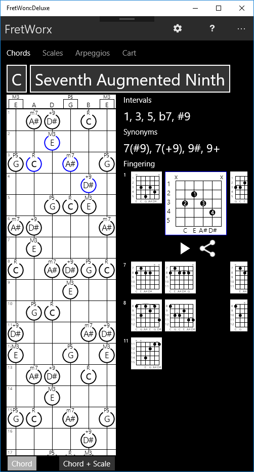 Fret Worx screen shot, chords tab.