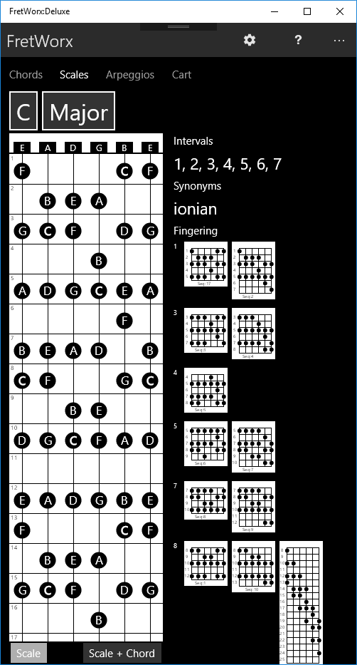 Fret Worx screen shot, scales tab.